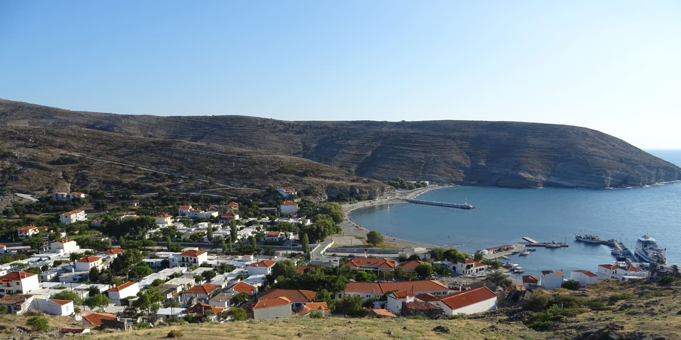 The village and harbour of Agios Efstratios seen from the hills