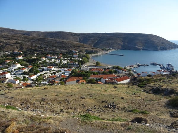 The village and harbour of Agios Efstratios seen from the hills