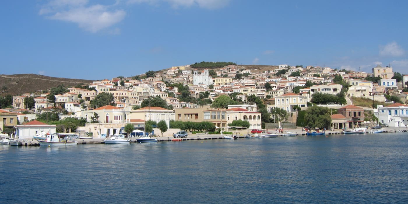 The main village of Oinousses seen across the harbour