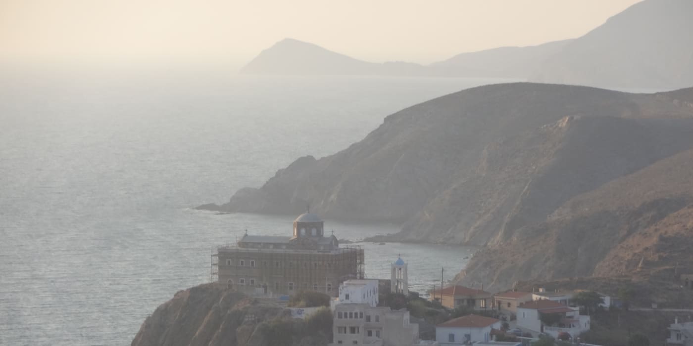 The church of Agios Nikolaos on a headland of Psara in morning haze