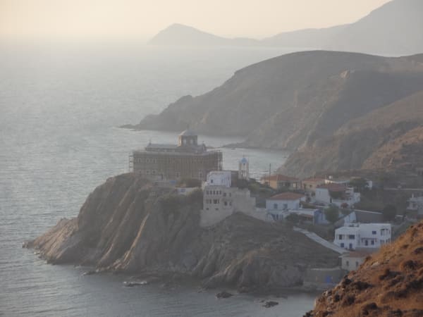 The church of Agios Nikolaos on a headland of Psara in morning haze